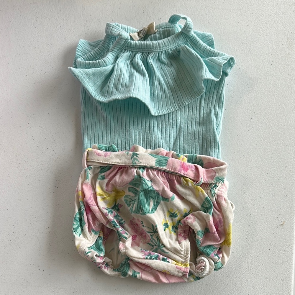 Floral Ruffle Baby Romper - Blue and Pink